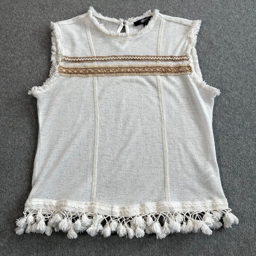 Fair Child Boho Ivory Knit Sleeveless Tank Top Fringe Hem Size Large Pom Pom